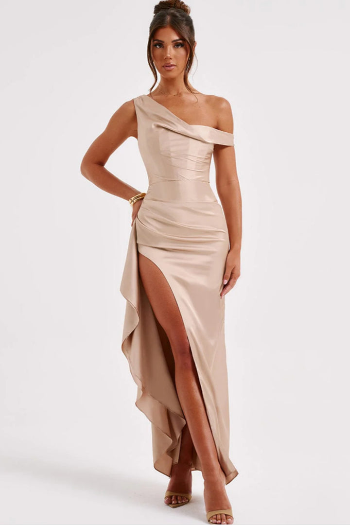 Damen elegantes One-Shoulder Maxikleid mit hohem Schlitz und figurbetontem Design Drune