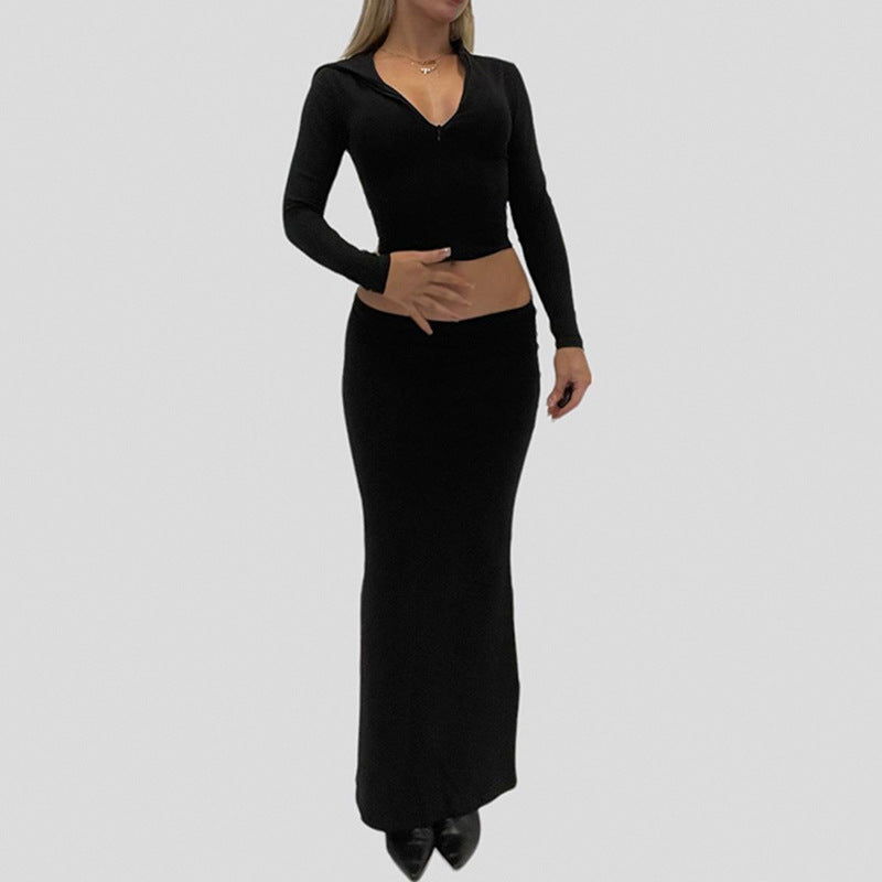 Damen Langarm Maxikleid mit elegantem Reißverschluss-Ausschnitt und figurbetontem Schnitt Drune