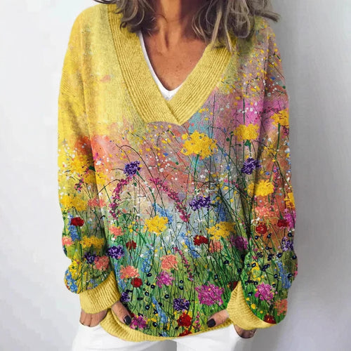 Damen V-Ausschnitt Pullover mit floralem Muster und lässigem Schnitt Drune