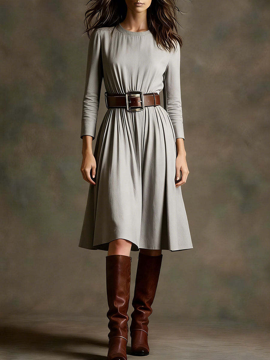 Damen Elegantes Kleid mit langem Arm und Taillengürtel Drune