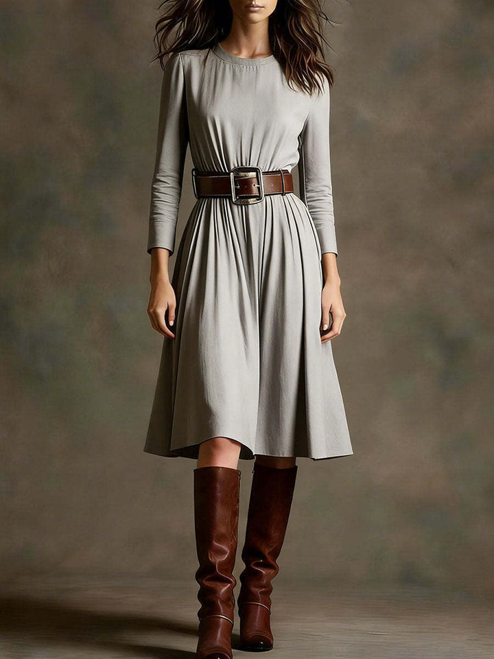 Damen Elegantes Kleid mit langem Arm und Taillengürtel Drune