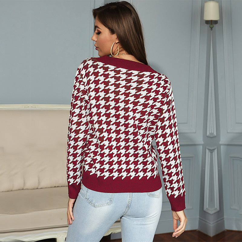 Damen lässiger Pullover mit V-Ausschnitt und modernem Hahnentrittmuster Drune