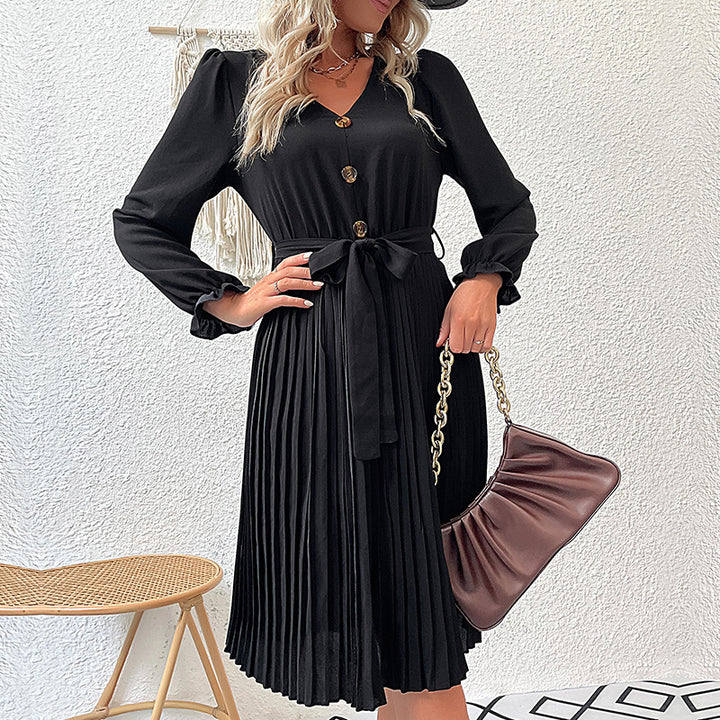 Damen Plissee-Wickelkleid mit Knopfdetails und Taillengürtel Drune