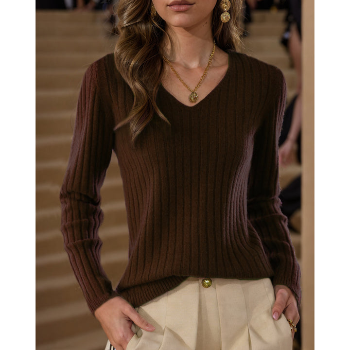 Damen Strickpullover mit V-Ausschnitt und feinem Rippenstrickdesign Drune
