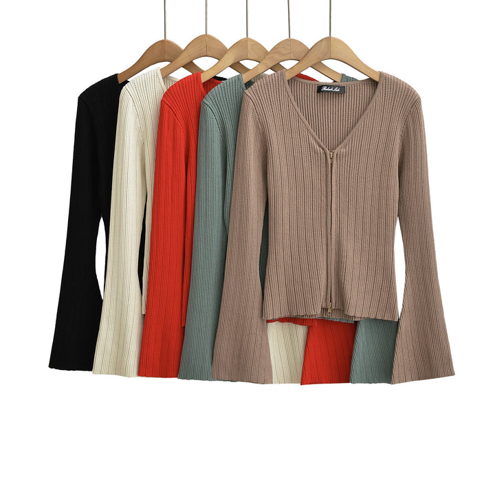 Damen Strickoberteil mit tiefem V-Ausschnitt und Zip-Verschluss Drune