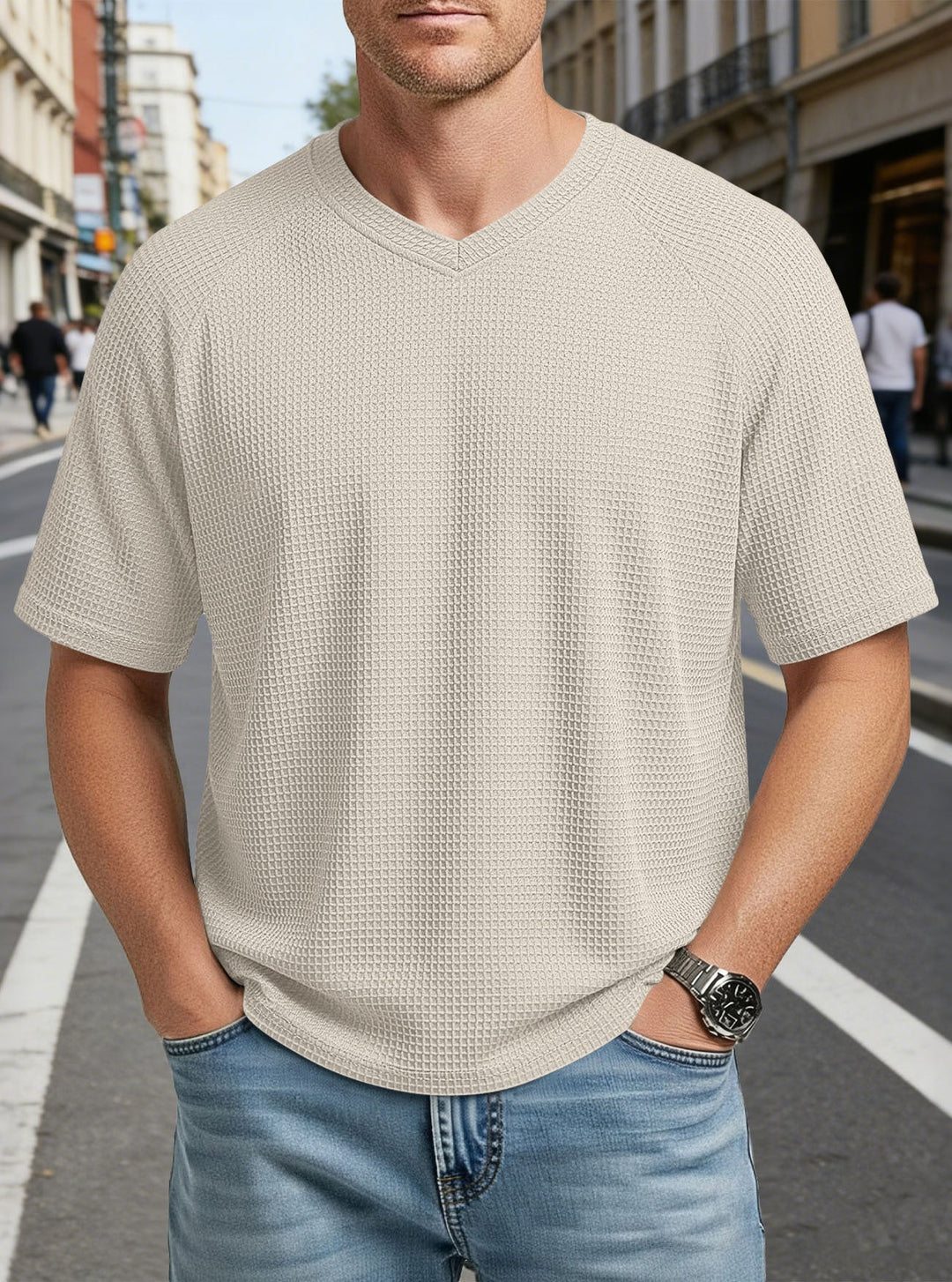 Herren nan lässiges V-Ausschnitt Waffelstrick-T-Shirt aus atmungsaktivem Baumwollmix Drune