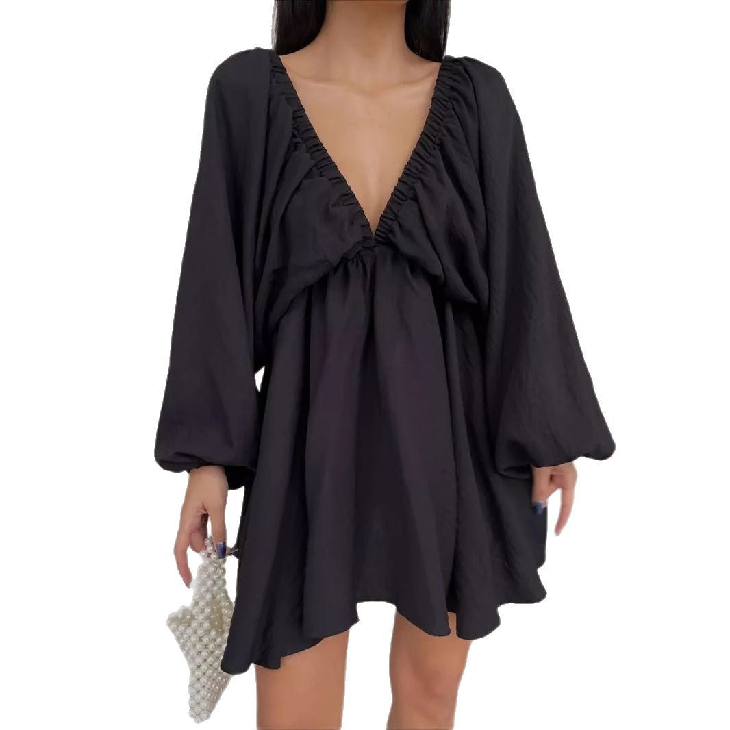 Damen lässiges Babydoll-Kleid mit schulterfreiem Ausschnitt und langen Puffärmeln Drune