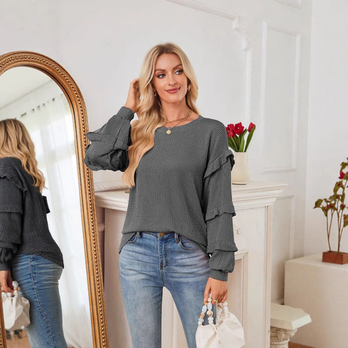 Damen lässiges Sweatshirt mit Rüschendetails und strukturierter Oberflächenoptik Drune