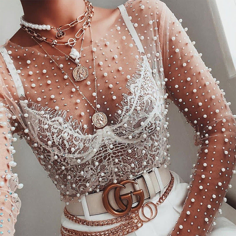 Damen glitzerndes Langarm-Top mit Strassverzierungen Drune