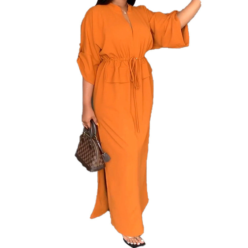 Damen Elegantes Maxikleid mit taillierbarem Gürtel und weit geschnittenen Ärmeln Drune