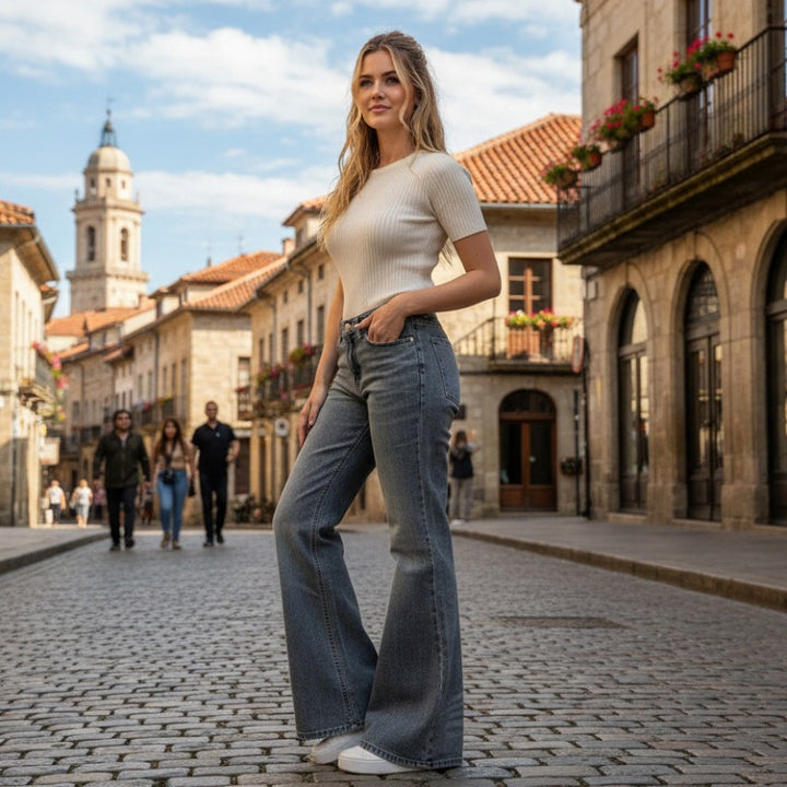Damen Flared Jeans mit hohem Taillenbund und eleganter Waschung Drune
