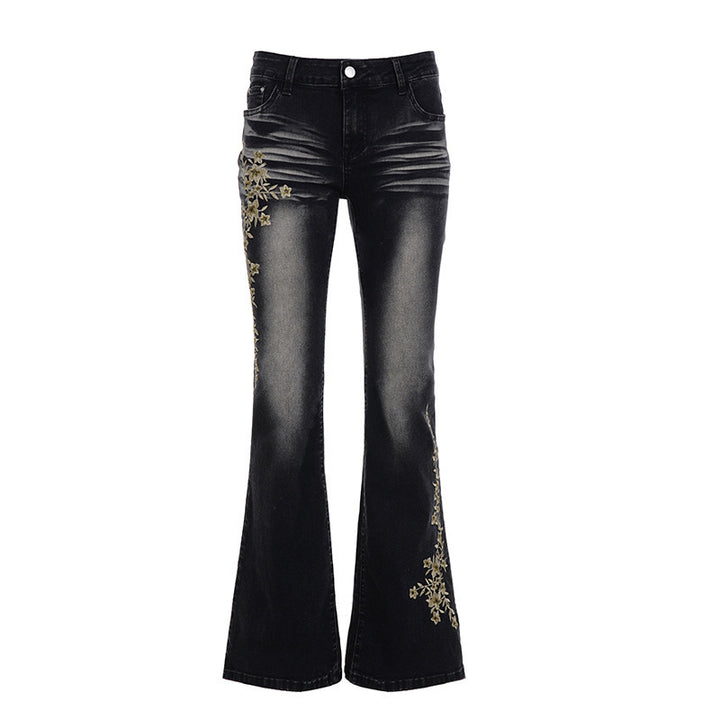 Damen Flared Jeans mit eleganter Blumenstickerei Drune
