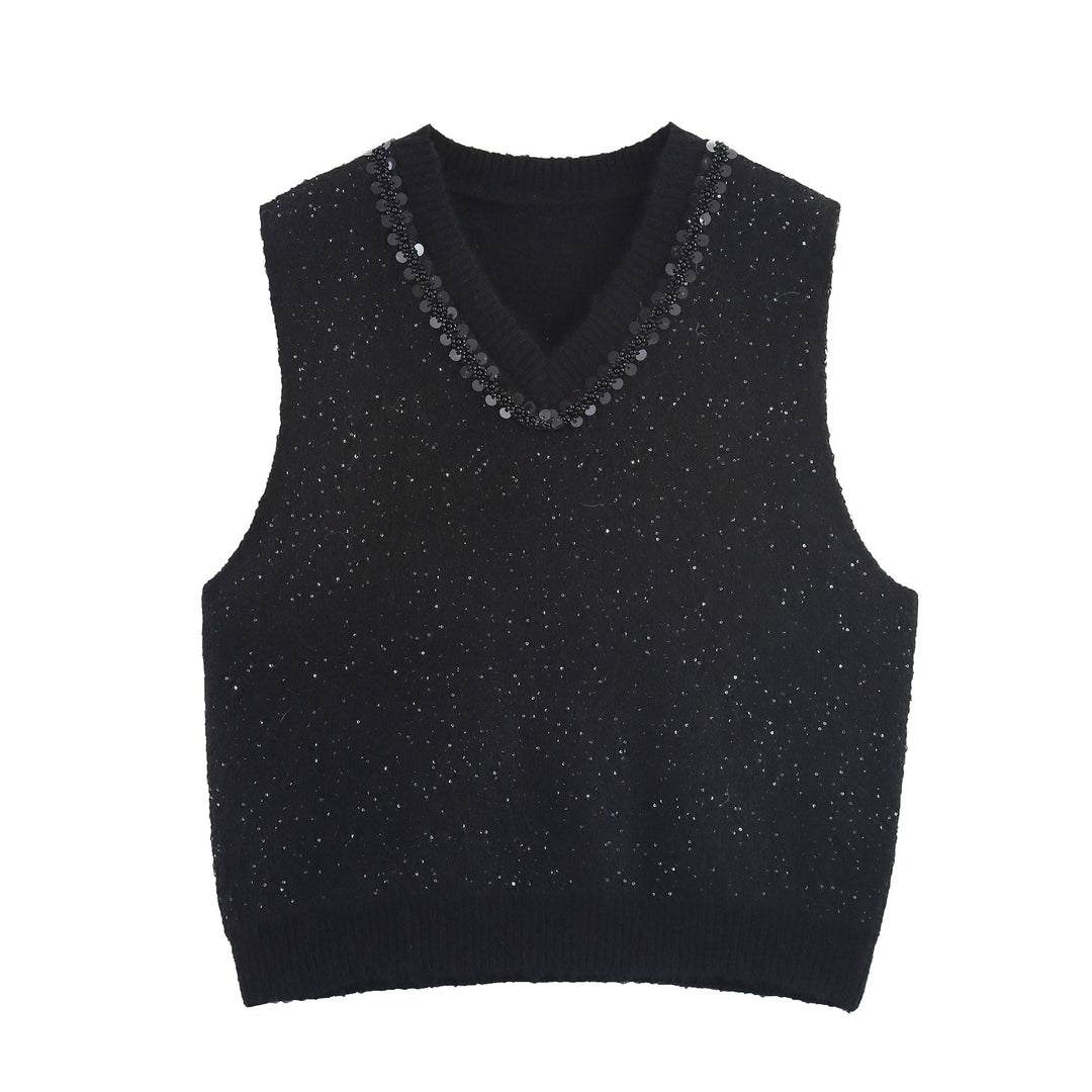 Damen eleganter Strickpullover ohne Ärmel mit funkelnden Applikationen Drune