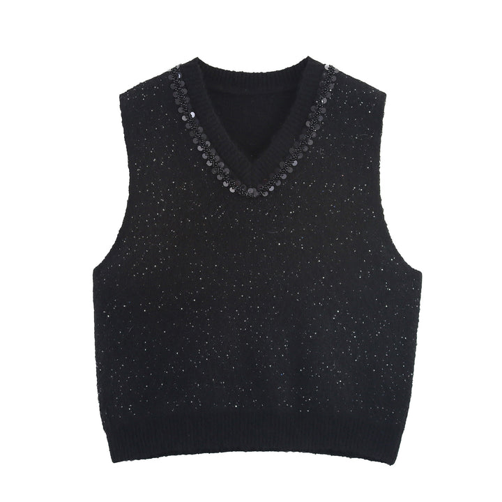 Damen eleganter Strickpullover ohne Ärmel mit funkelnden Applikationen Drune