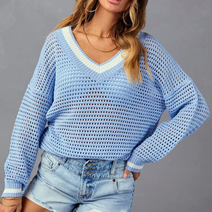 Damen Netzpullover im lässigen Oversized-Stil mit V-Ausschnitt und Rippenbündchen Drune