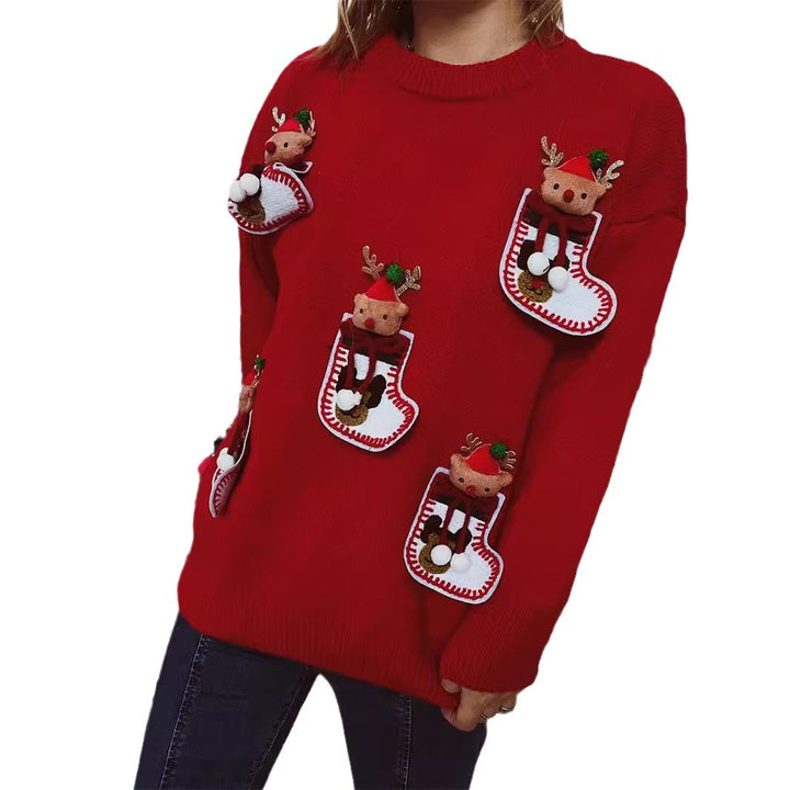 Damen Weihnachts-Strickpullover mit festlichem Rentier-Motiv und 3D-Details Drune