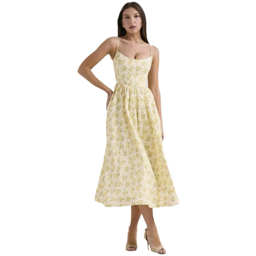 Damen Midi-Blumenkleid mit trägerlosem Stil und schwingendem Rock Drune