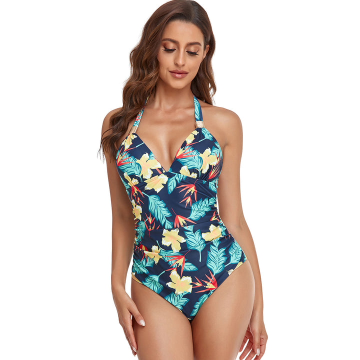 Damen einteiliger Badeanzug mit elegantem V-Ausschnitt und floralen Akzenten Drune