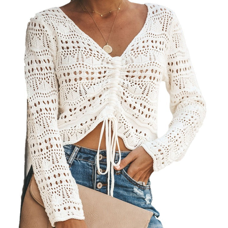 Damen Strickbluse mit dekorativem Lochmuster und verstellbarem Kordelzug Drune