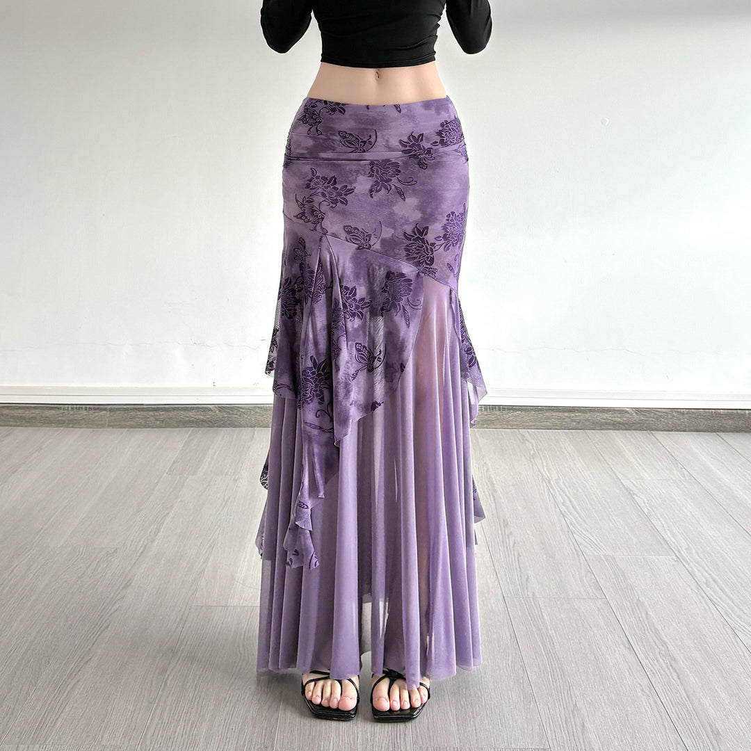 Damen asymmetrischer Maxirock mit floralen Details und transparenten Schichten Drune