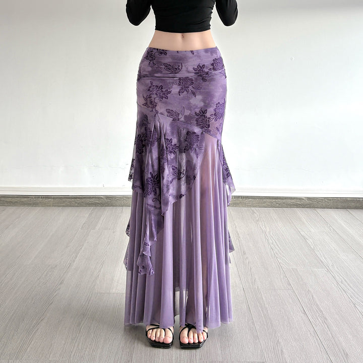 Damen asymmetrischer Maxirock mit floralen Details und transparenten Schichten Drune
