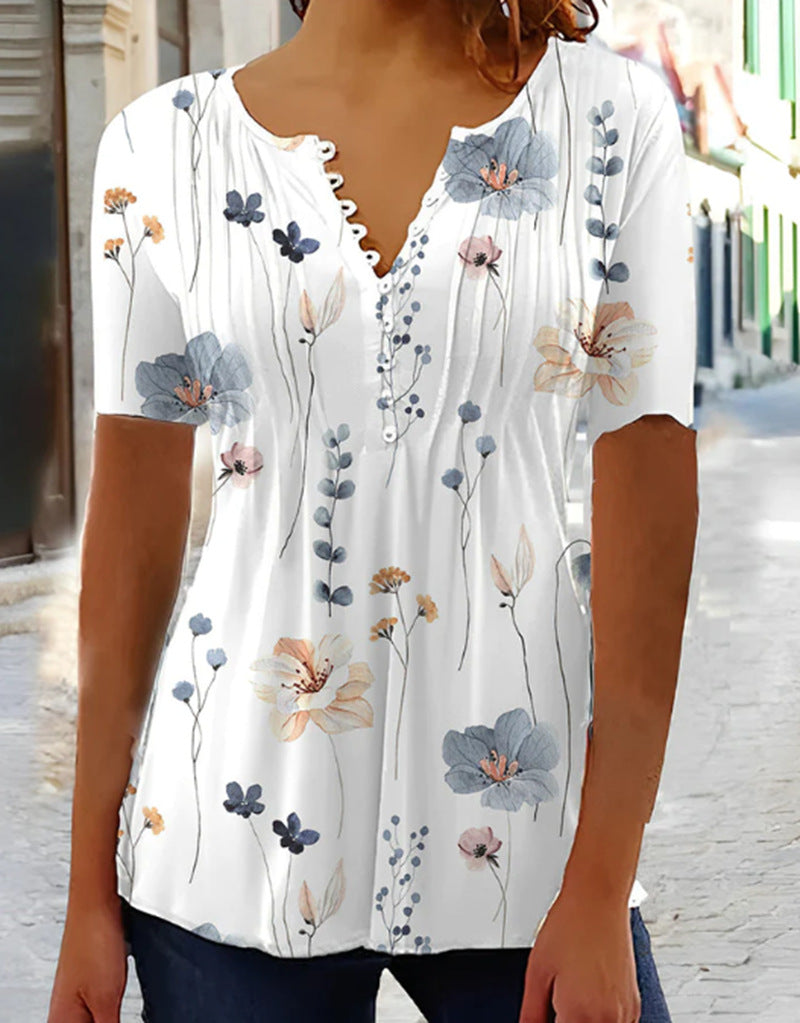 Damen nan leichtes V-Ausschnitt Blusenshirt mit Zierknopfleiste und dezent plissierter Vorderpartie Drune