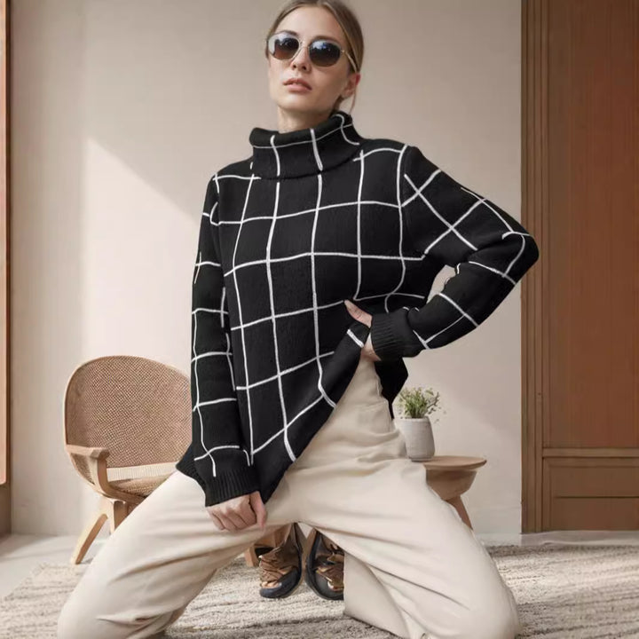 Damen lässiger Grobstrickpullover mit modernem Karomuster und hoher Kragen Drune