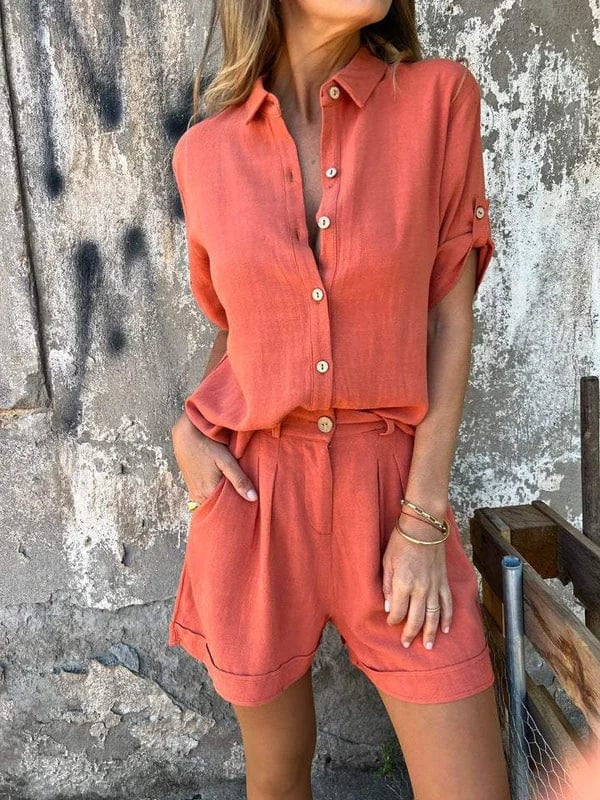 Damen Kurzoverall mit elegantem Hemdkragen und Taillengürtel Drune