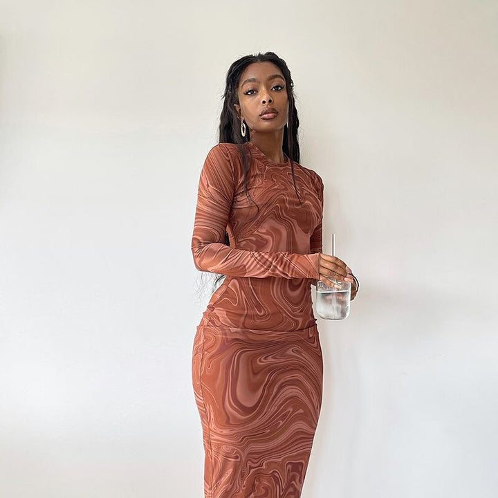 Damen Elegantes Maxikleid mit modernem Marmormuster und figurbetontem Schnitt Drune