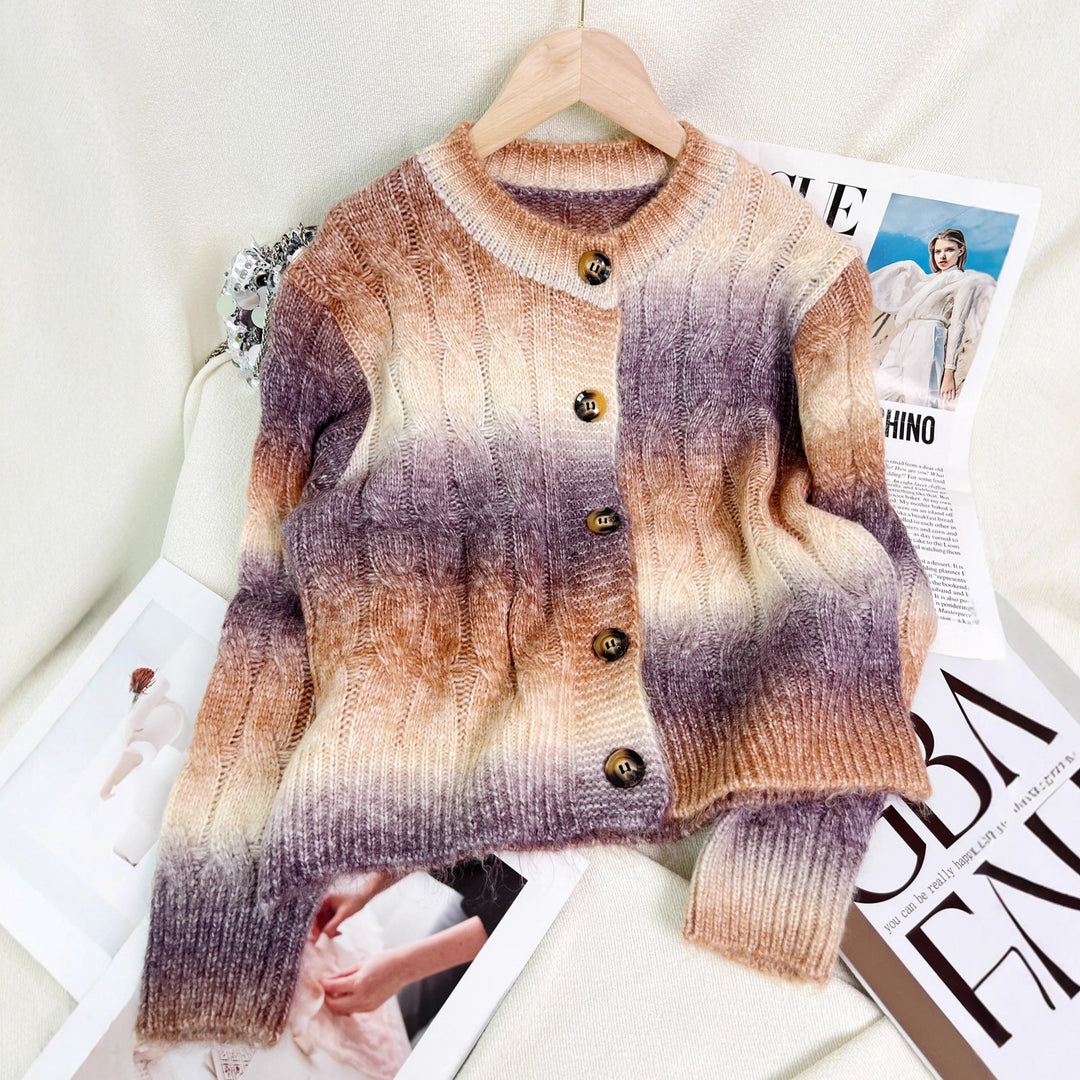 Damen elegante Strickjacke mit modischem Zopfmuster und farbverlauf Drune