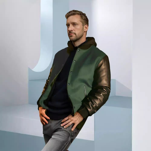 Damen trendige Baseballjacke mit Lederärmeln und praktischen Eingrifftaschen Drune