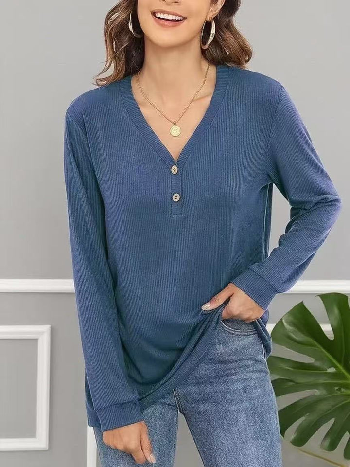 Damen lässiges Langarmshirt mit Knopfleiste und feiner Struktur Drune