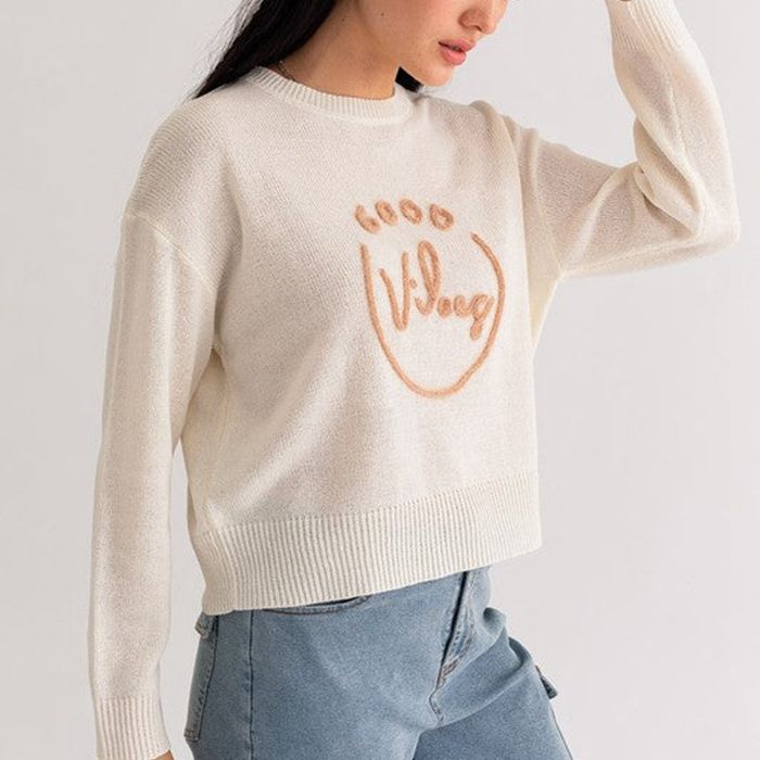 Damen Casual Pullover mit geflocktem Schriftzug Drune