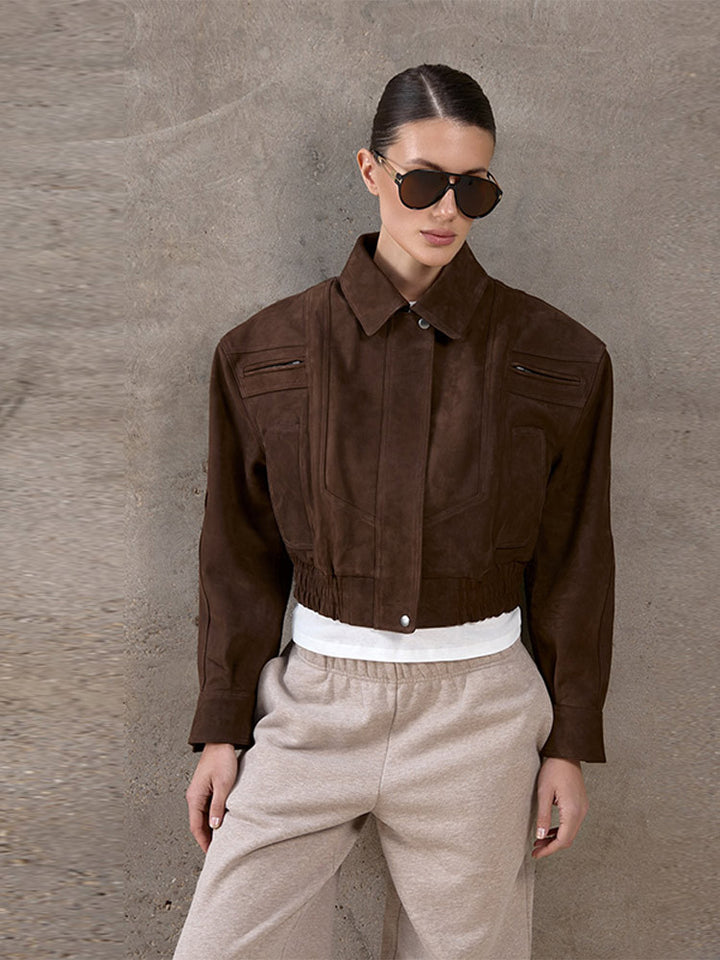 Damen Modische Wildlederjacke im cropped Stil mit praktischen Taschen Drune