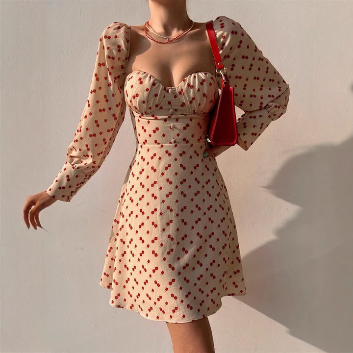 Damen Puffärmel Kleid mit romantischem Blumenmuster und herzförmigem Ausschnitt Drune