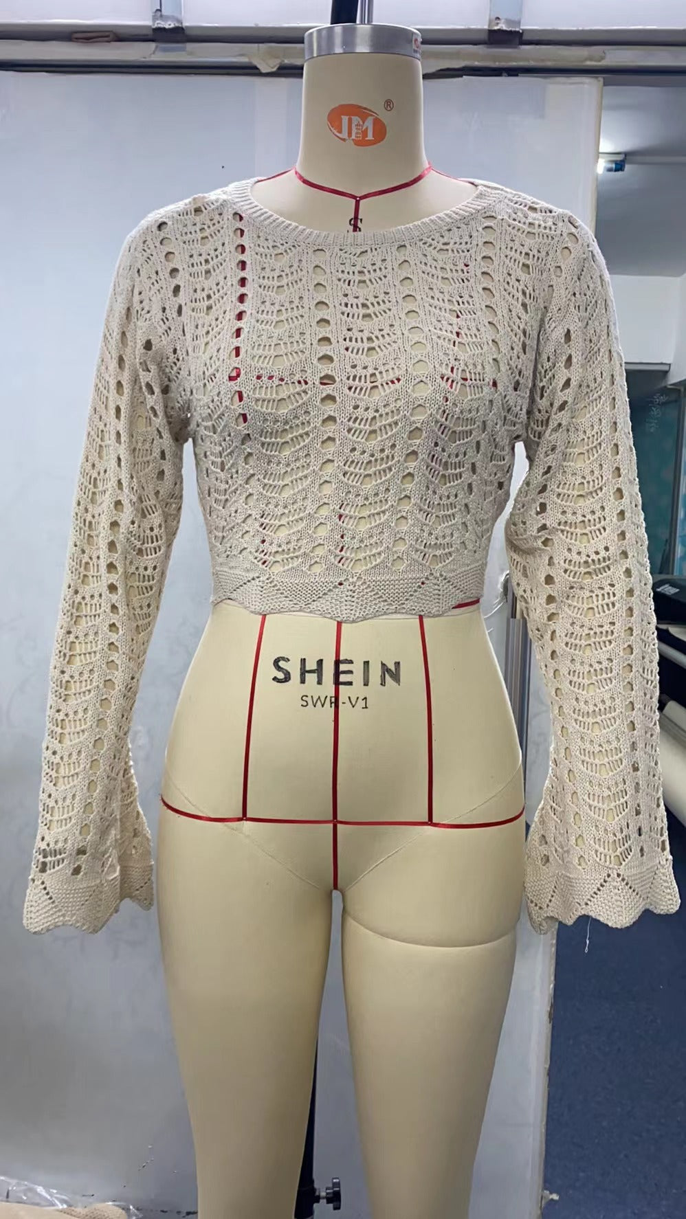 Damen gehäkeltes Crop-Top mit weitem Ärmel und lockerer Passform Drune