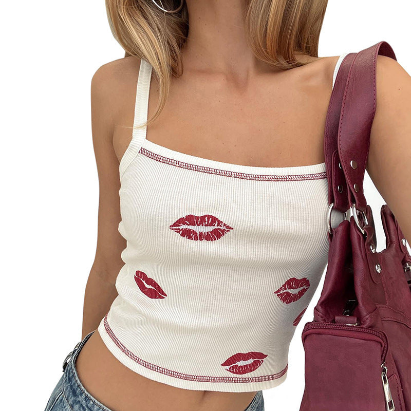 Damen Trägershirt mit grafischem Lippenmuster und figurbetontem Schnitt Drune