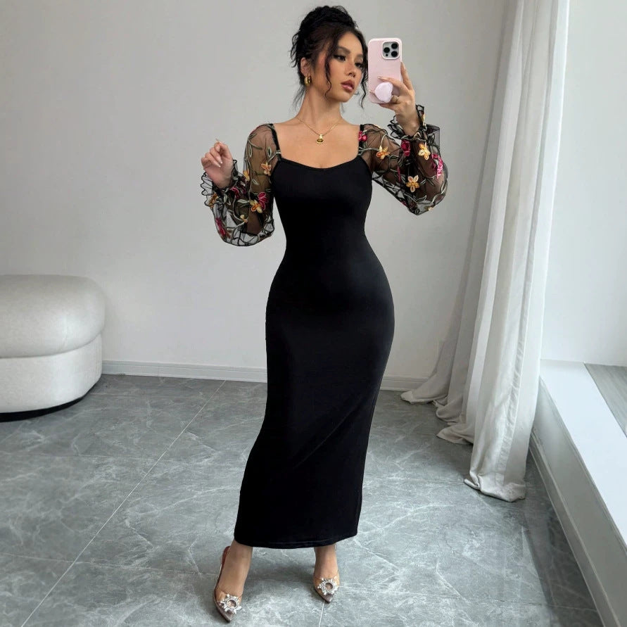 Damen Elegantes Maxikleid mit floralen Spitzenärmeln und figurbetontem Schnitt Drune