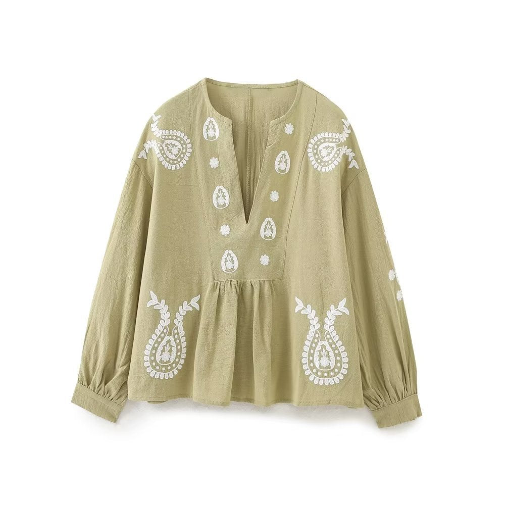 Damen nan bestickte Tunika-Bluse mit Paisley-Stickereien, V-Ausschnitt und voluminösen Ballonärmeln Drune