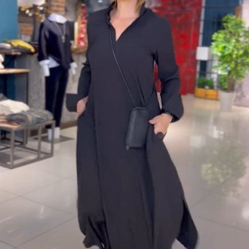 Damen Maxikleid mit elegantem Kragen und praktischem Taschendesign Drune