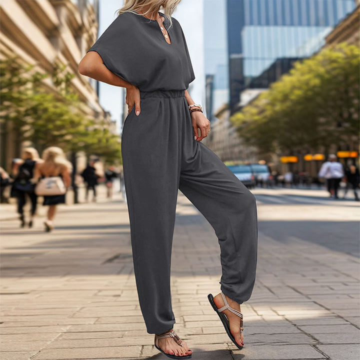 Damen eleganter Jumpsuit mit weitem Bein und komfortablem Taillengürtel Drune