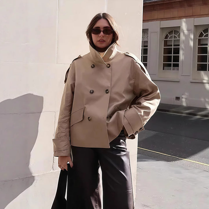 Damen modische Doppelreiher-Jacke mit hohem Kragen und strukturiertem Design Drune