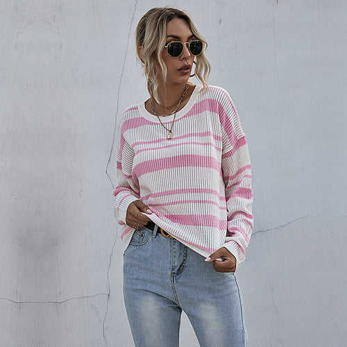 Damen lockerer Strickpullover mit modischen Streifen Drune