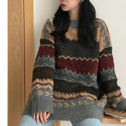 Damen Großer Oversized Pullover mit grafischem Muster Drune