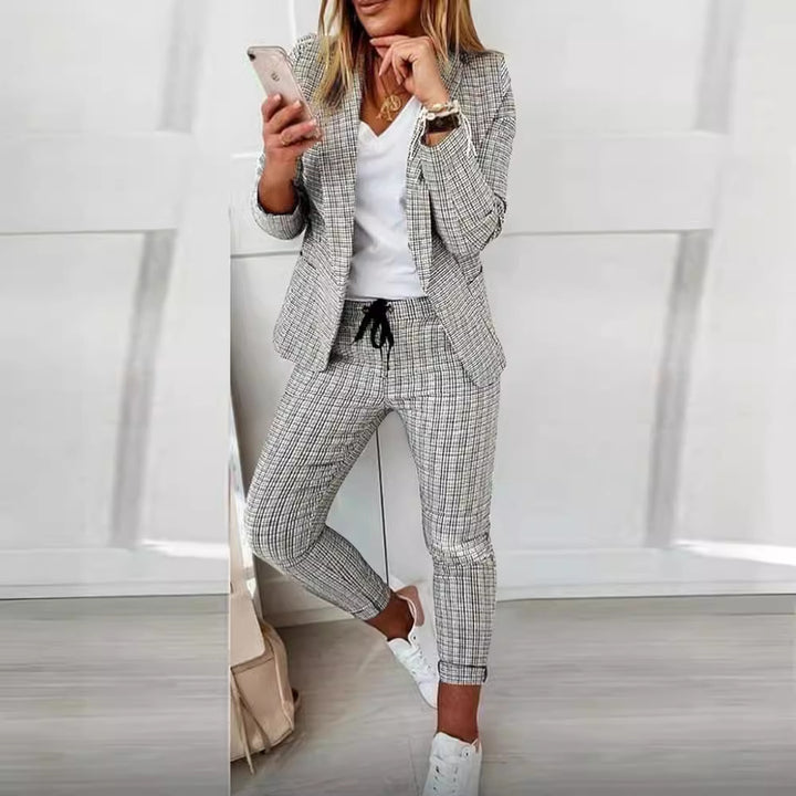 Damen nan lässig-elegantes Karozweiteiler Blazer mit Tunnelzug-Slimhose Drune