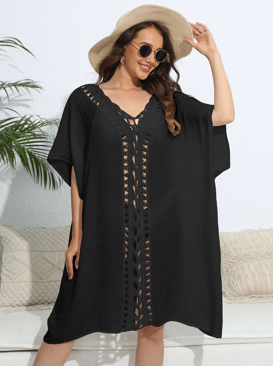 Damen luftiger Kaftan mit filigranem Häkelmuster Drune