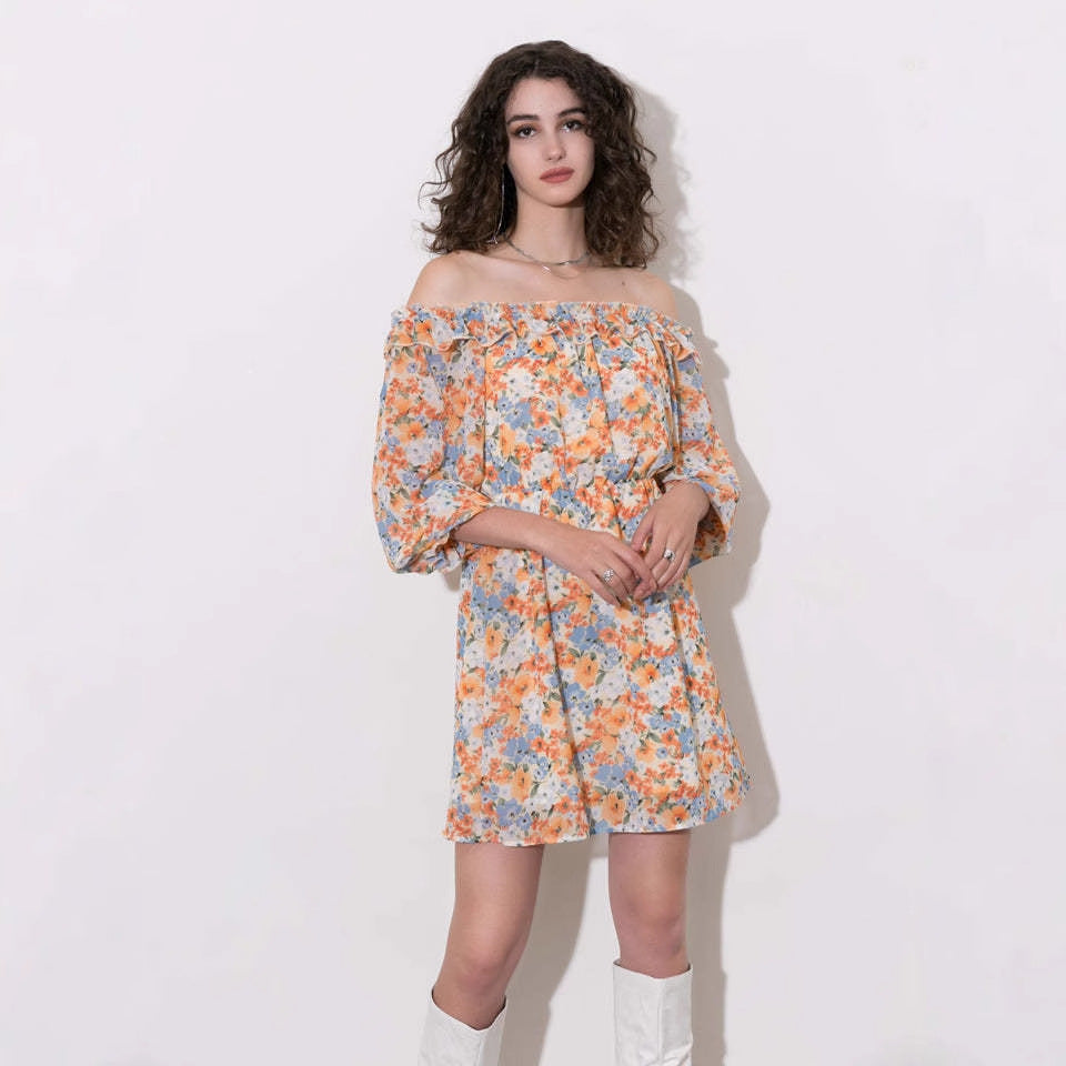 Damen Blütenmuster Off-Shoulder Kleid Drune