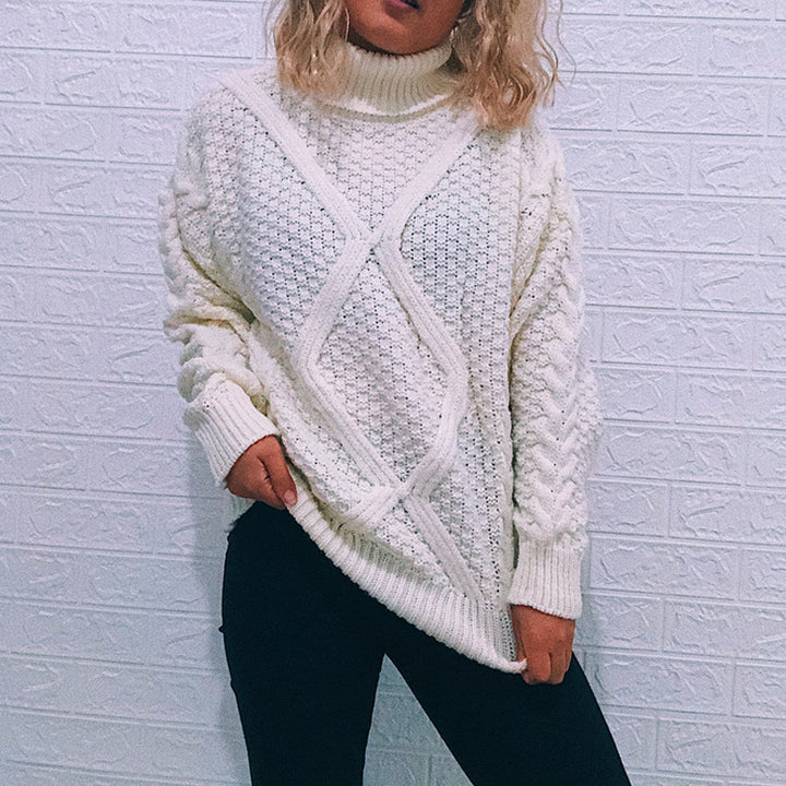 Damen Grobstrickpullover mit modischem Zopfmuster und hohem Kragen Drune