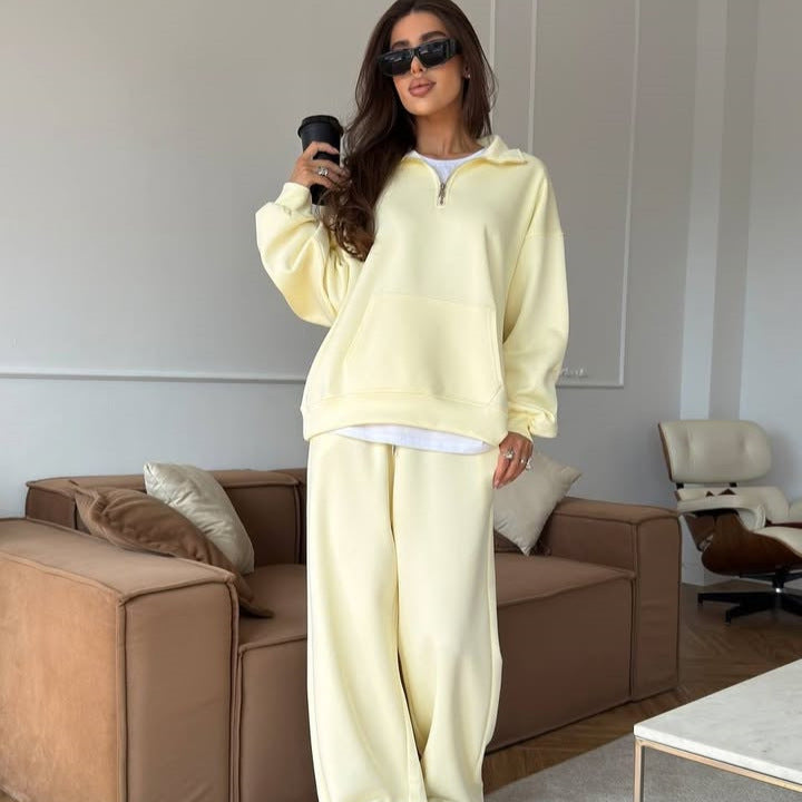 Damen sportlicher Pullover mit halbem Reißverschluss und weiten Hosen Drune