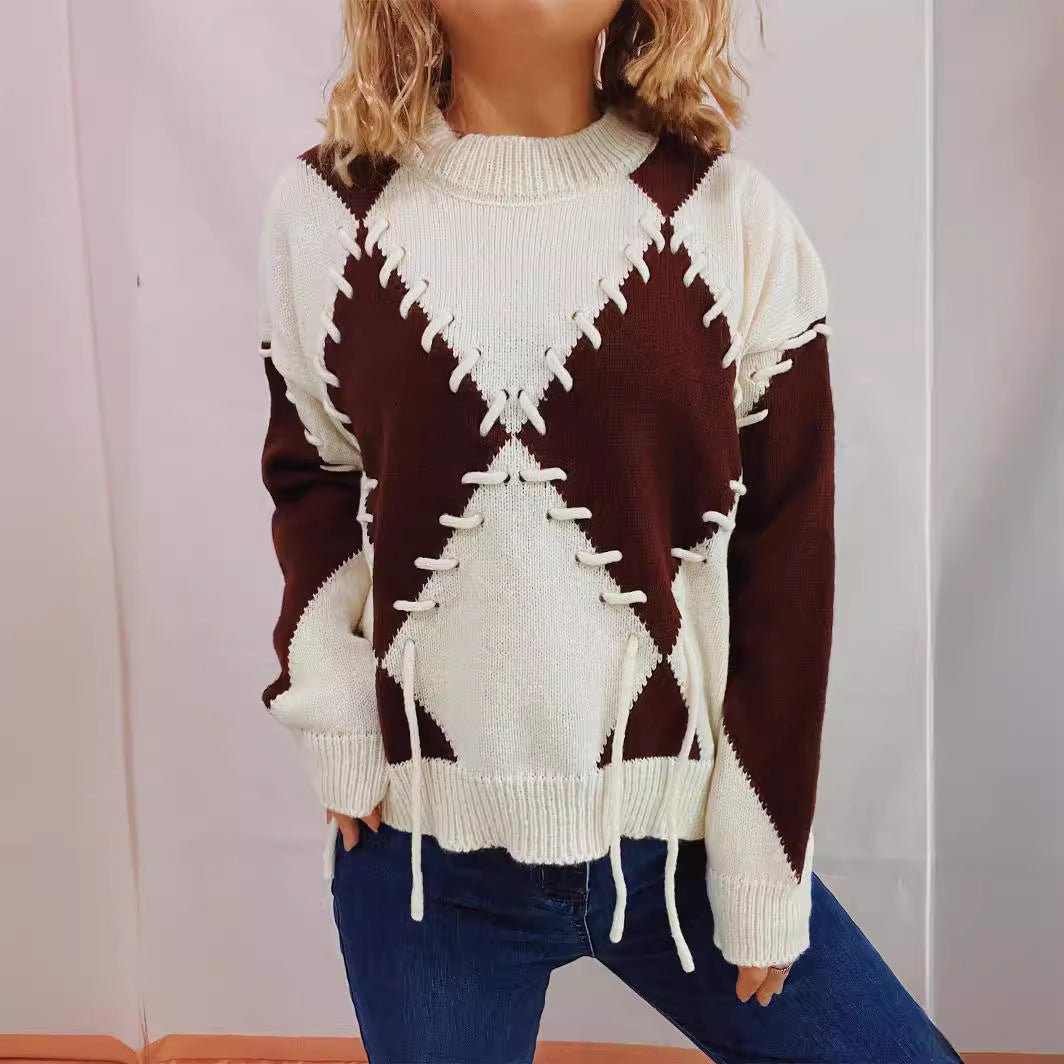 Damen modischer Oversized Pullover mit gekreuzten Ziernähten Drune
